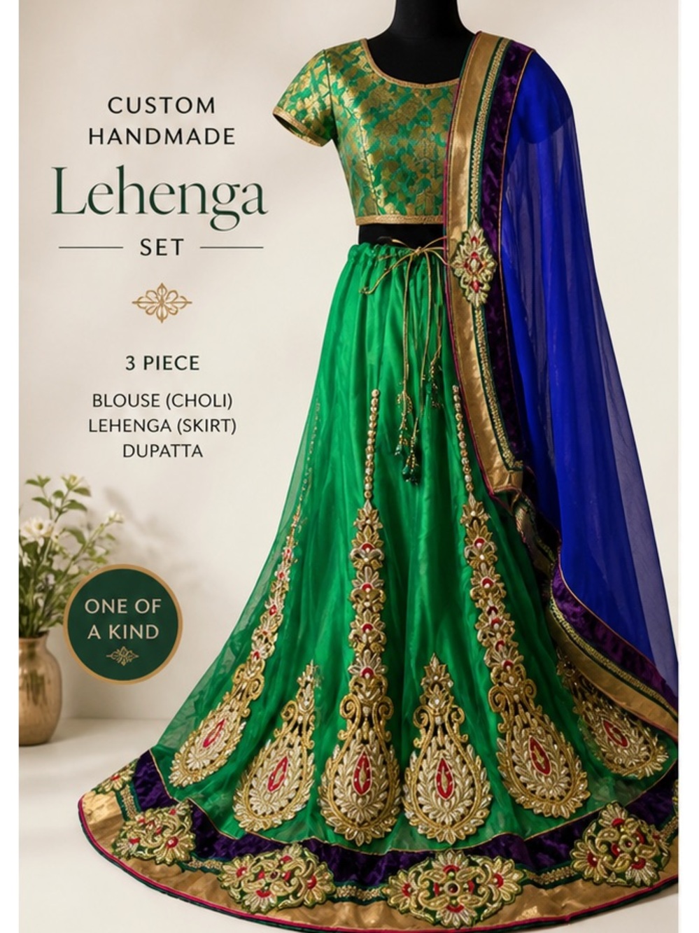 Custom handmade emerald Lehenga set heavy gold one of a kind large